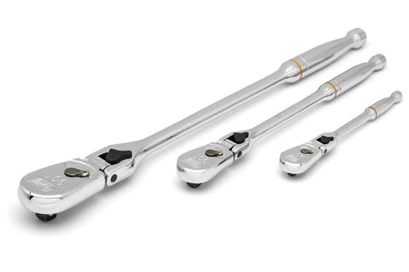 Three chrome GearWrench ratchets of varying lengths arranged side by side, each with directional switches and release buttons, showcasing tool variety for different torque needs.