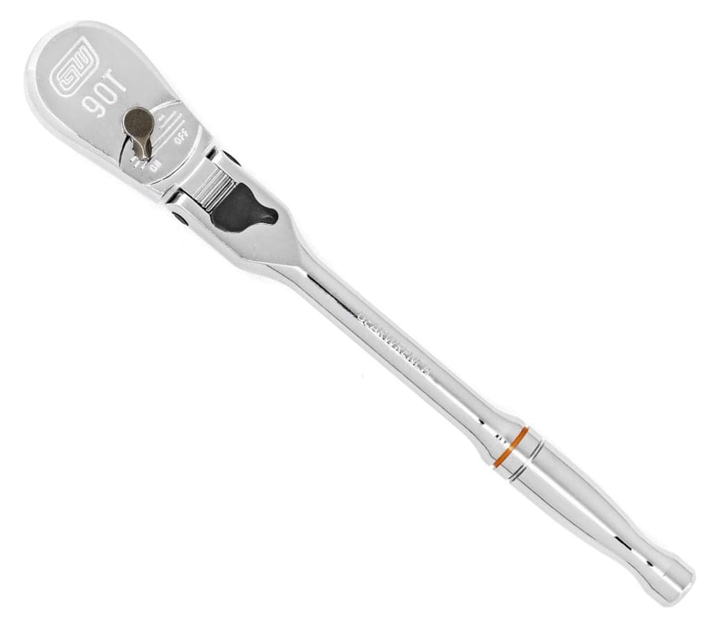 Chrome GearWrench ratchet with “90T” marking and directional switch labeled “ON” and “OFF,” featuring a contoured handle with knurled grip for precise torque control.