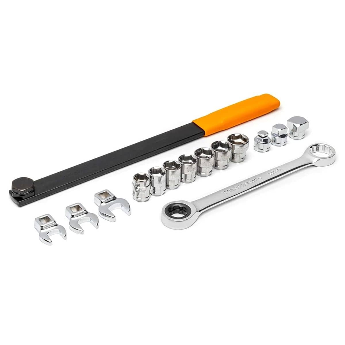Complete 15-piece serpentine belt tool set displayed, featuring a long black extension bar with an orange handle, a chrome ratcheting wrench, three crowfoot wrenches, three drive adapters, and seven sockets.