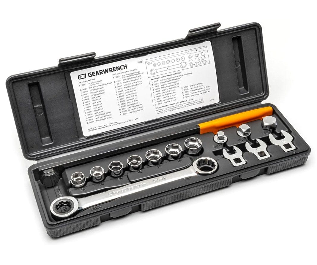 Open black blow-mold storage case displaying the organized tool set, with a parts reference chart and usage diagrams adhered to the inner lid.