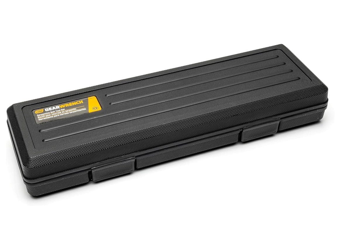 Closed black blow-mold storage case with a textured surface and yellow GearWrench label.