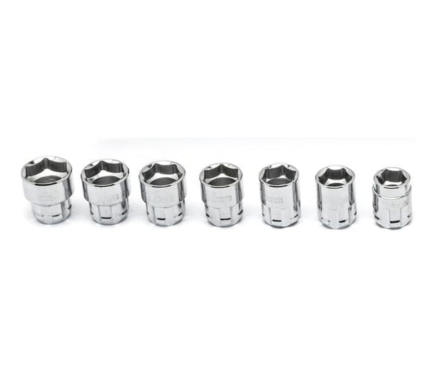 Seven chrome 6-point sockets arranged in a horizontal row, sized for serpentine belt tensioner applications.