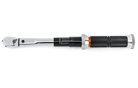 Torque wrench with dual scale in foot-pounds and Newton-meters; markings range from 20 to 120 ft-lb and 27 to 163 Nm.
