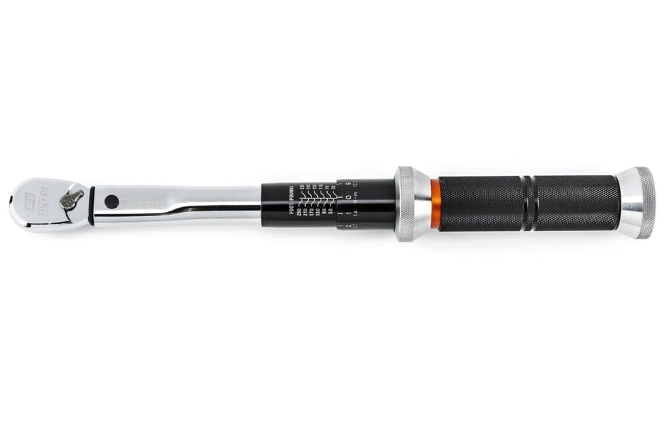 Torque wrench with dual scale in foot-pounds and Newton-meters; markings range from 20 to 120 ft-lb and 27 to 163 Nm.