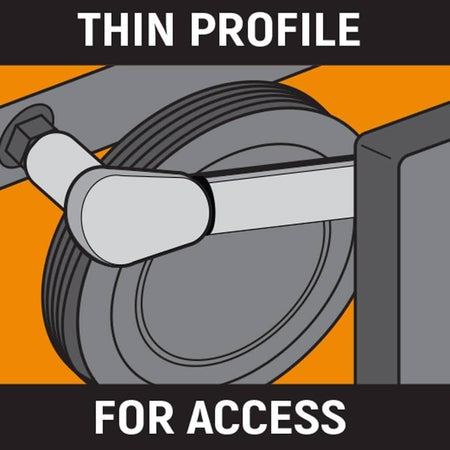 Illustration of a thin-profile wrench accessing a bolt in a tight space near a pulley; labeled "THIN PROFILE FOR ACCESS."