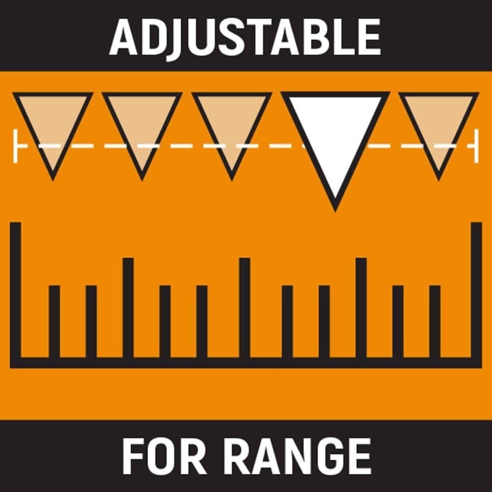 Graphic showing adjustable range feature with triangle indicators and calibration scale; labeled "ADJUSTABLE FOR RANGE."