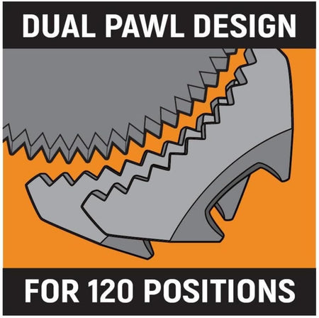 Mechanical illustration showing dual pawl gear design for 120 engagement positions; labeled "DUAL PAWL DESIGN FOR 120 POSITIONS."