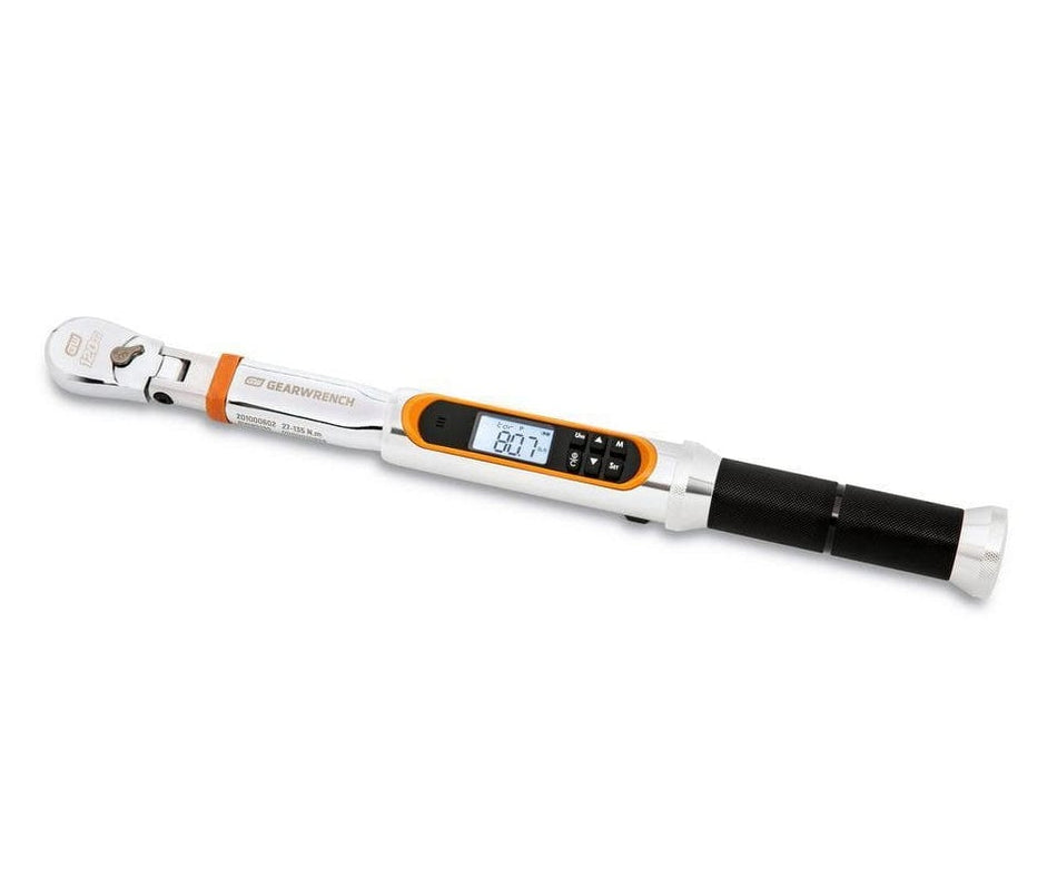 Digital torque wrench with display reading "80.7" and control buttons for torque adjustment; model number 85076 shown on tool body.