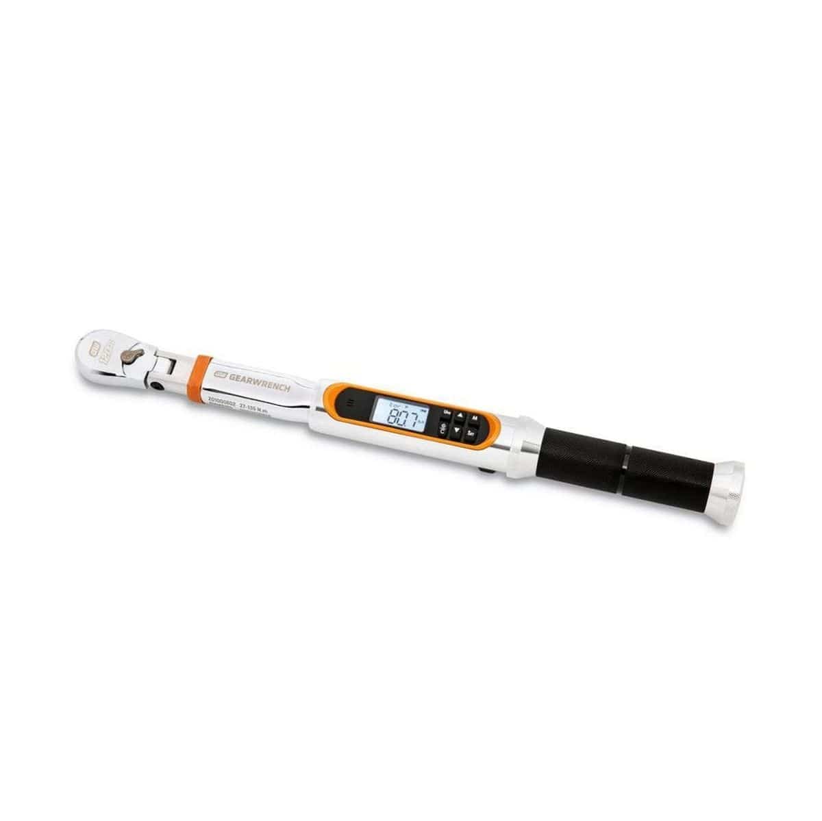 Digital torque wrench with display reading "80.7" and control buttons for torque adjustment; model number 85076 shown on tool body.