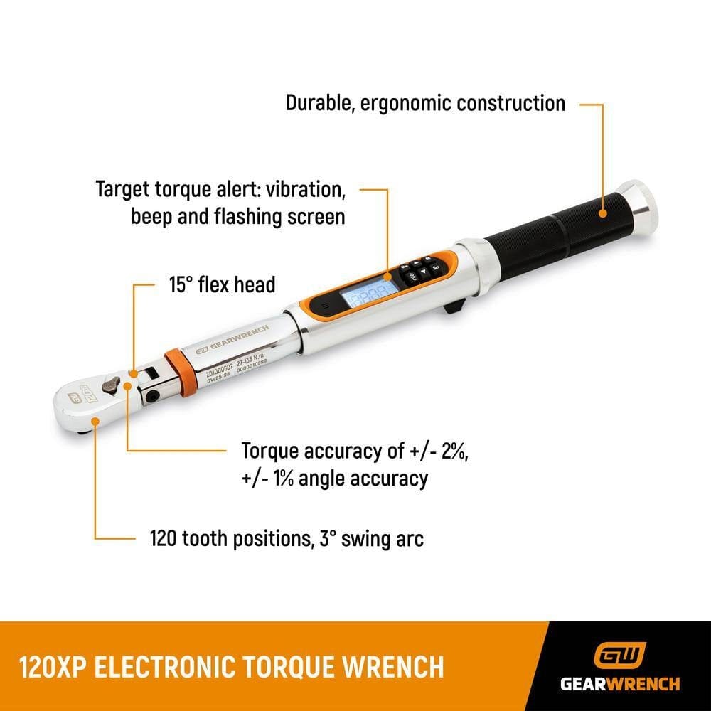 Labeled diagram of GearWrench 120XP electronic torque wrench highlighting flex head, torque alerts, and 3° swing arc.