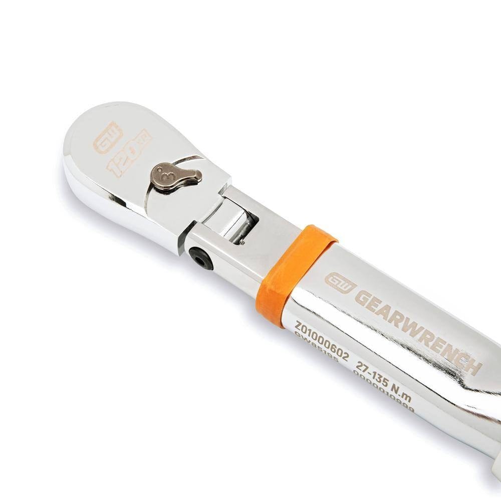 GearWrench ratchet wrench with polished chrome finish, flexible head, and directional switch; labeled "GW 120XP" with torque rating.