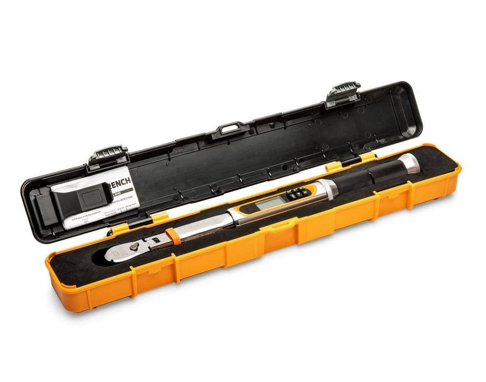 Electronic torque wrench in yellow and black case featuring digital display and control buttons; designed for precision torque applications.