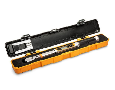 Electronic torque wrench in yellow and black case featuring digital display and control buttons; designed for precision torque applications.