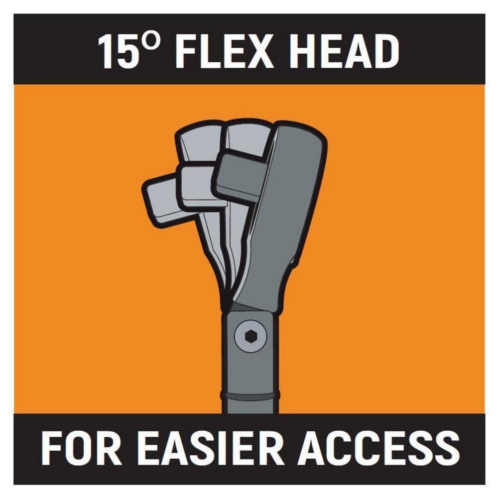 Diagram of ratchet wrench head flexing at a 15-degree angle for improved access in tight spaces; labeled "15° FLEX HEAD FOR EASIER ACCESS."