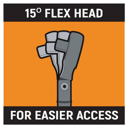 Diagram of ratchet wrench head flexing at a 15-degree angle for improved access in tight spaces; labeled "15° FLEX HEAD FOR EASIER ACCESS."