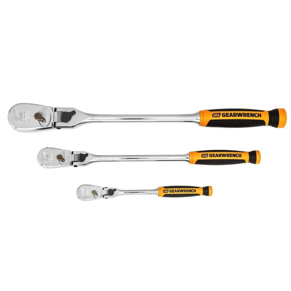Three horizontally arranged GearWrench ratchets with black-orange handles and chrome heads, showing size and socket release features.