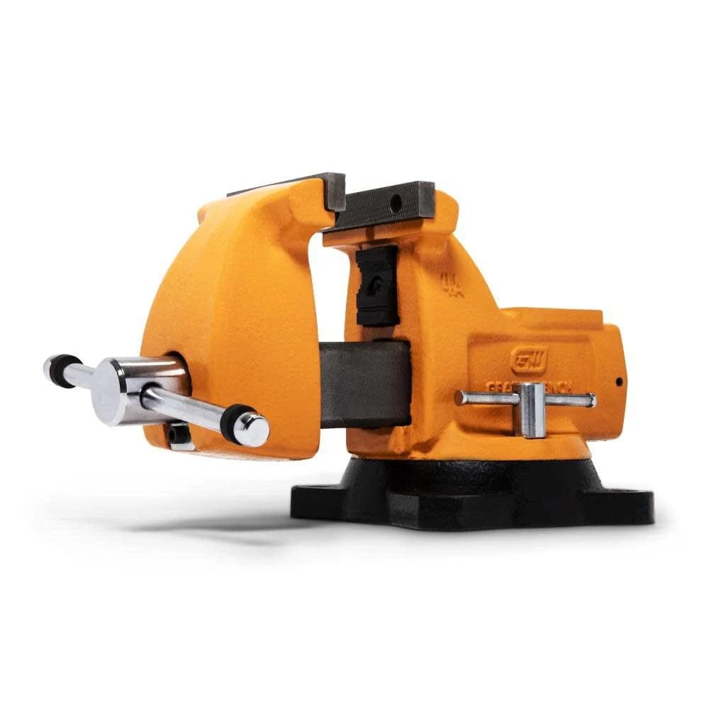 Bright orange GearWrench bench vise with black and silver components, serrated jaws, and rotating base, designed for secure gripping in workshop applications.