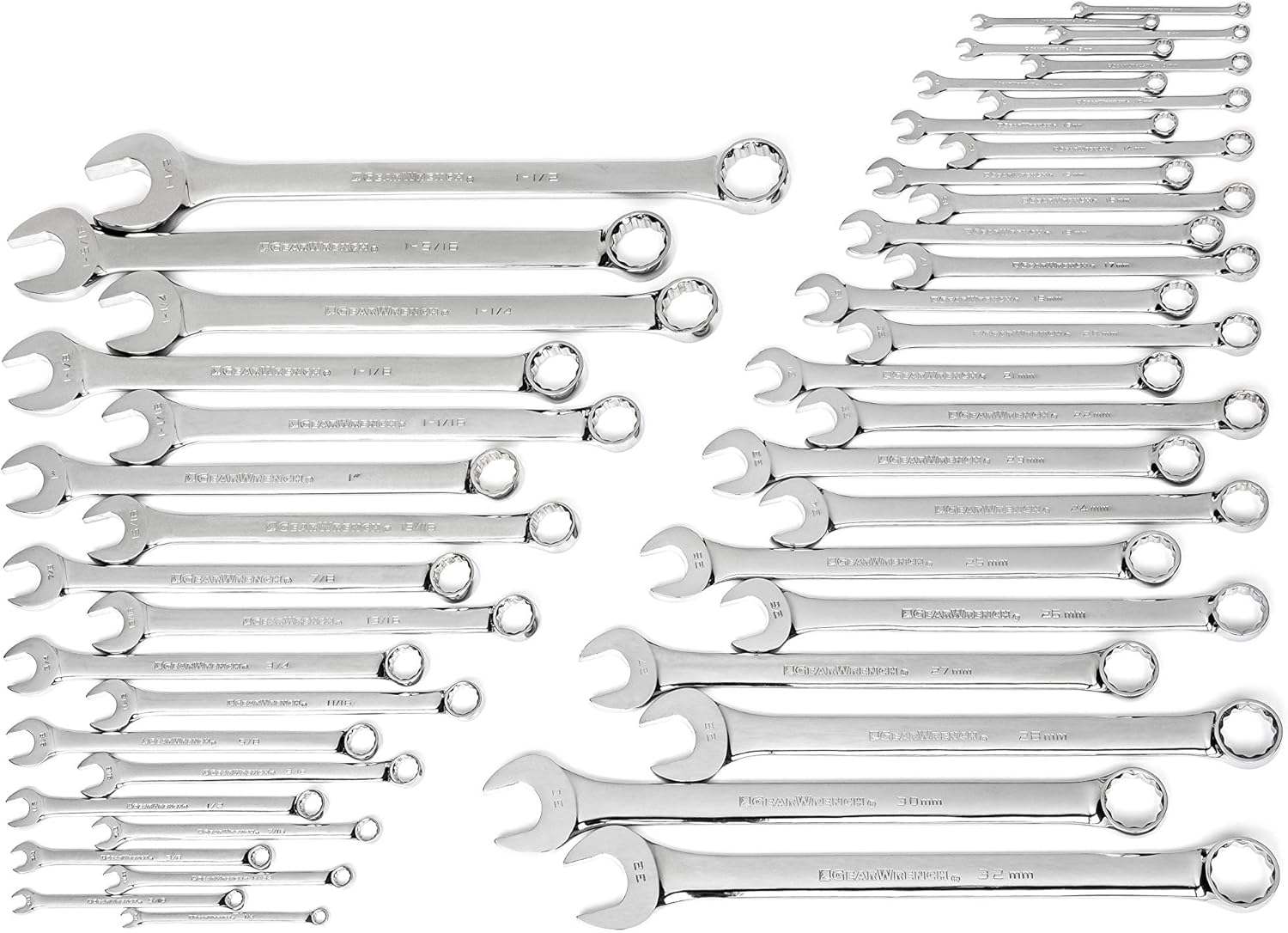 Overhead view of the complete 44-piece long pattern combination wrench set laid out in size order.