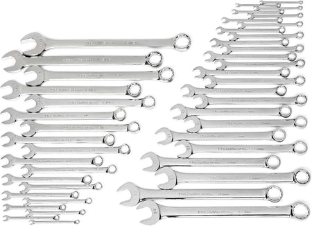 Overhead view of the complete 44-piece long pattern combination wrench set laid out in size order.