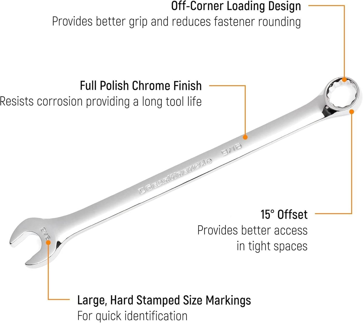 Infographic highlighting the off-corner loading design, full polish chrome finish, and 15-degree offset features.