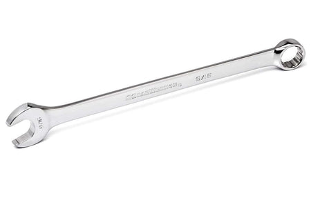 Angled studio view of a single long pattern combination wrench showing the 12-point box and open ends.