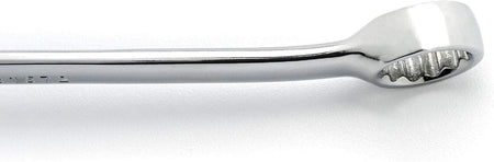 Side profile view of the polished chrome wrench showing the beam thickness and offset box end.