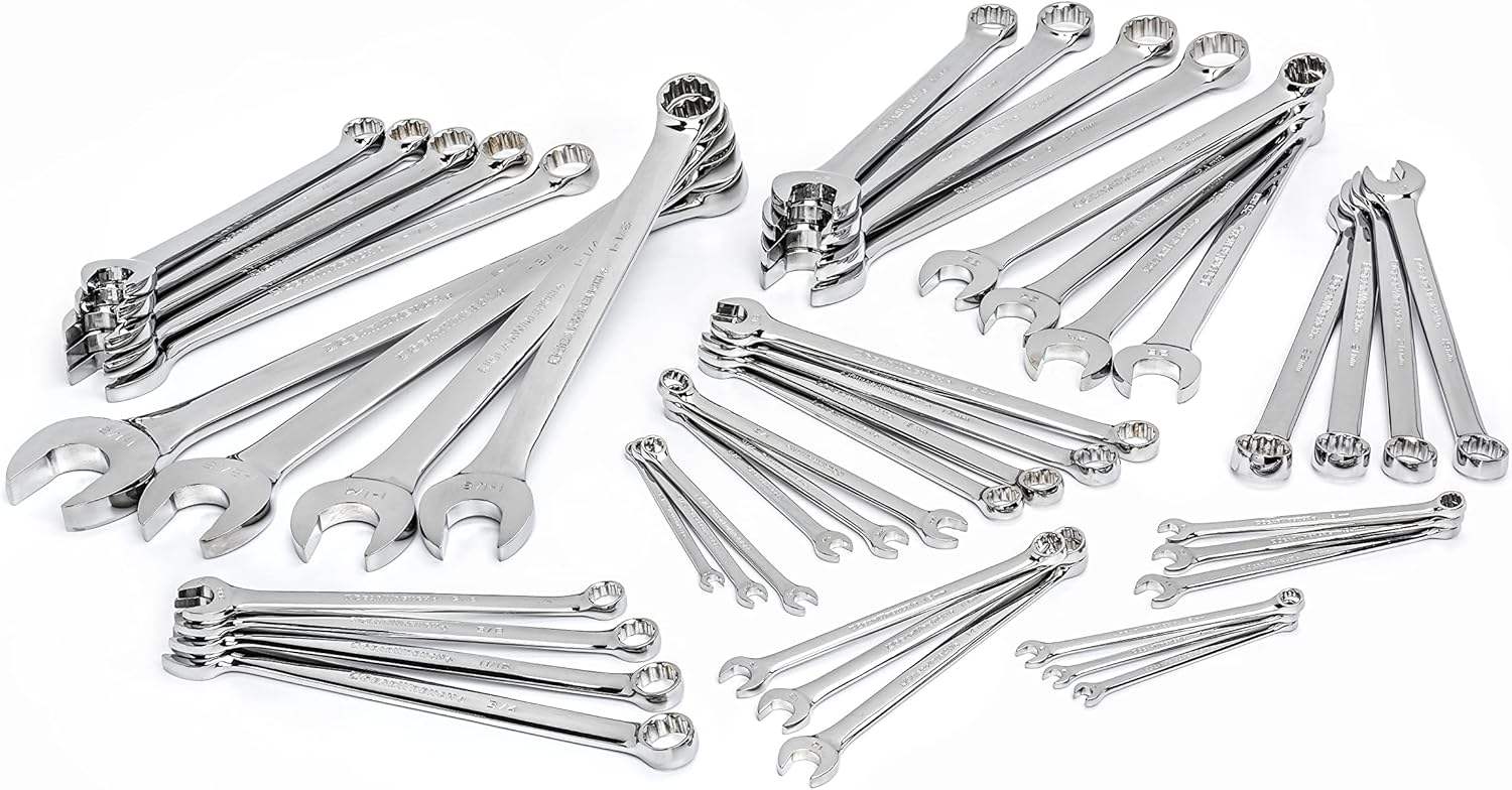 Studio shot of the 44-piece combination wrench set arranged in fanned stacks to show size variety.