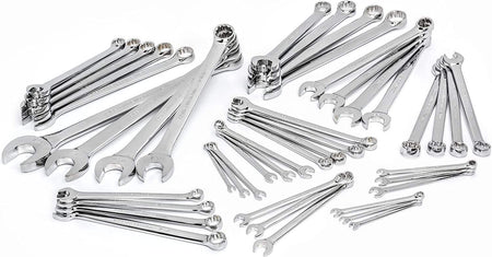 Studio shot of the 44-piece combination wrench set arranged in fanned stacks to show size variety.