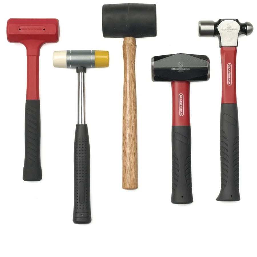 Studio shot of the GearWrench 5-piece hammer and mallet set standing upright to display the different head styles and handle lengths.