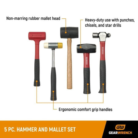 Infographic labeled 5 Pc. Hammer and Mallet Set identifying the rubber mallet, soft face, drilling, dead blow, and ball pein hammers with feature callouts.