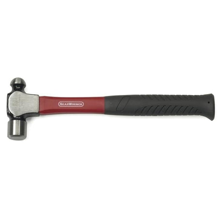 Side view of the GearWrench 16 ounce ball pein hammer featuring a polished steel head and red fiberglass handle with black grip.
