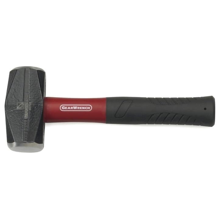 Side view of the GearWrench 3 pound drilling hammer with a heavy steel head and short red fiberglass handle.