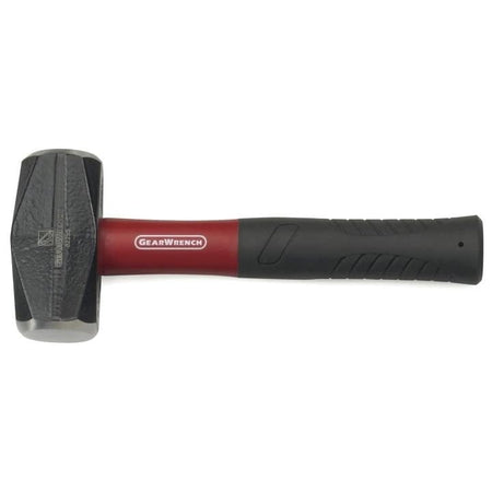 Side view of the GearWrench 3 pound drilling hammer with a heavy steel head and short red fiberglass handle.
