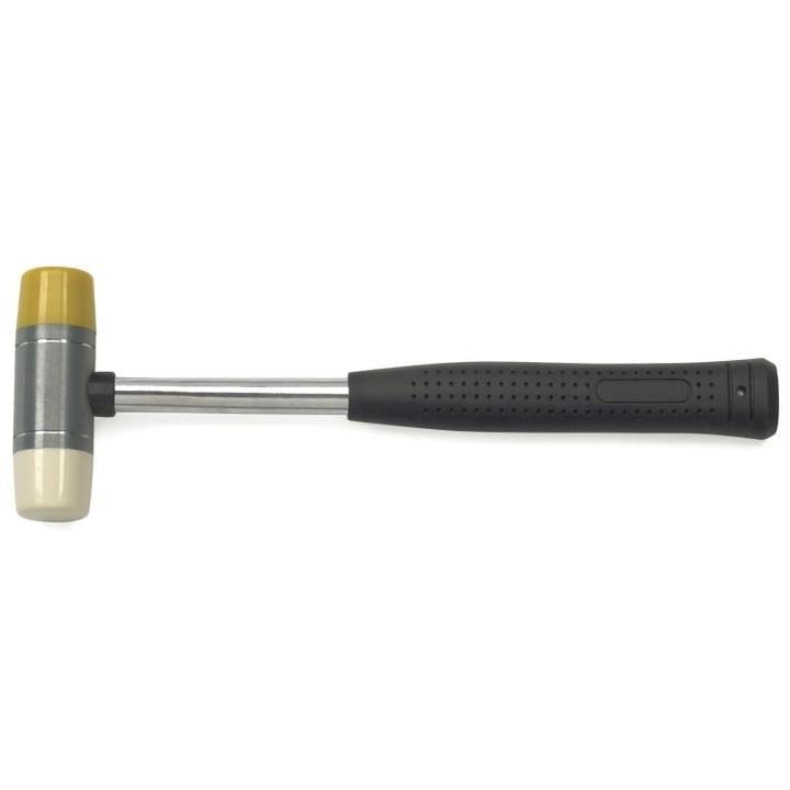 Side view of the GearWrench 12 ounce soft face hammer with replaceable yellow and white tips and a black comfort grip handle.