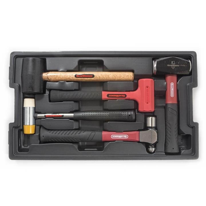 Top-down view of the GearWrench 5-piece hammer set organized inside the included black plastic storage tray.