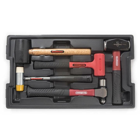 Top-down view of the GearWrench 5-piece hammer set organized inside the included black plastic storage tray.