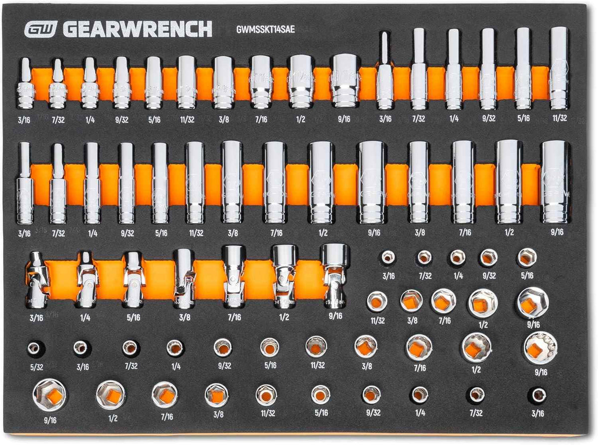 Overhead view of the complete 68-piece 1/4 inch drive master SAE socket set organized by size and type in a modular foam tray.