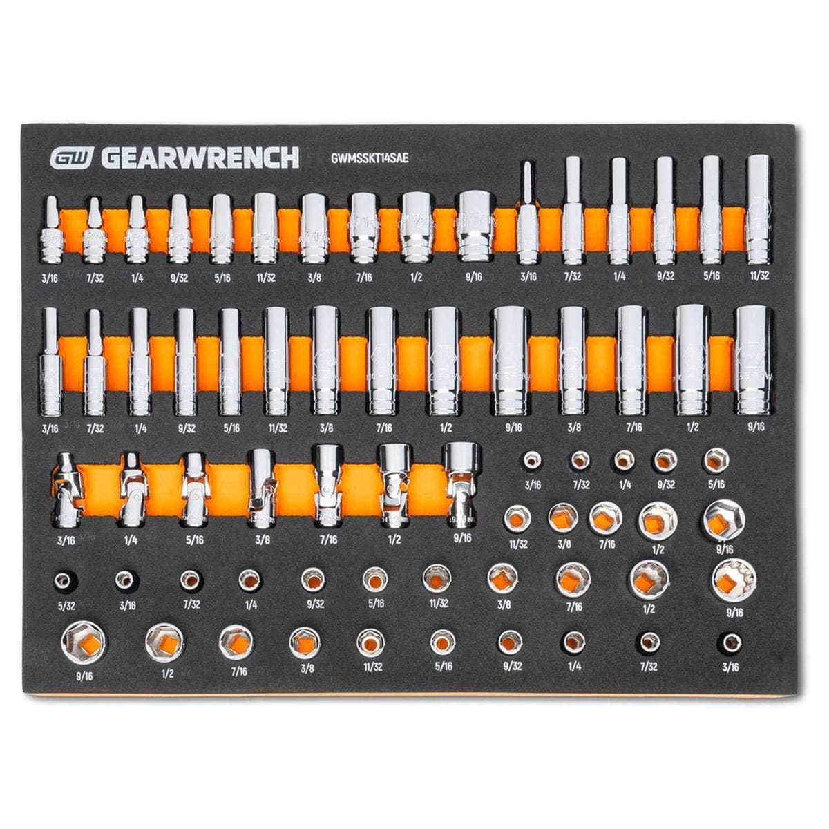 Overhead view of the complete 68-piece 1/4 inch drive master SAE socket set organized by size and type in a modular foam tray.