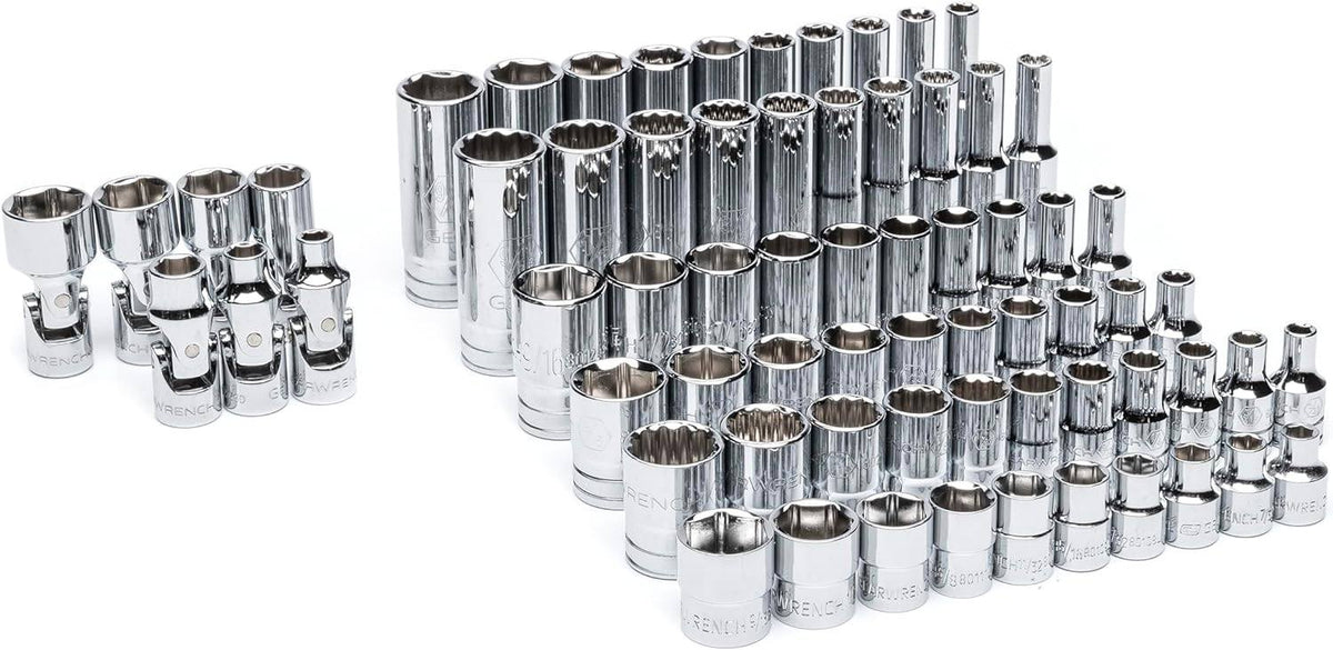 Studio shot of the 68-piece socket set removed from the tray and arranged in groups to show the variety of lengths and styles.