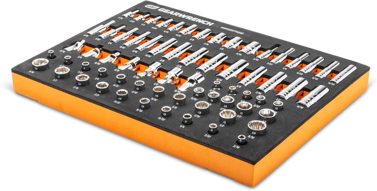 Angled perspective of the full socket set in its foam tray against a white background showing the comprehensive range of SAE sizes.
