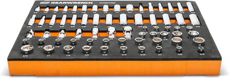 Angled view of a premium black and orange foam storage tray containing a 68-piece assortment of GearWrench 1/4 inch drive SAE sockets.