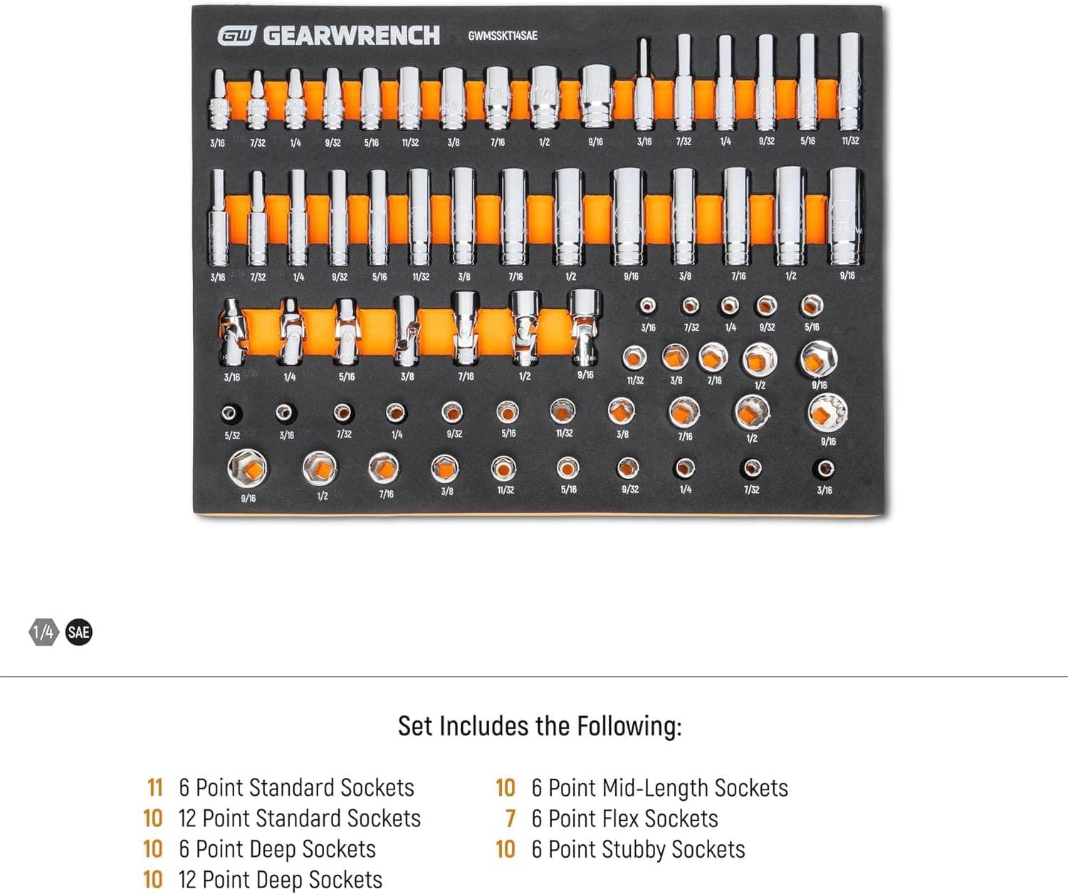 Top-down view of the socket set in the foam tray with specific focus on the 1/4 inch drive and SAE branding labels.