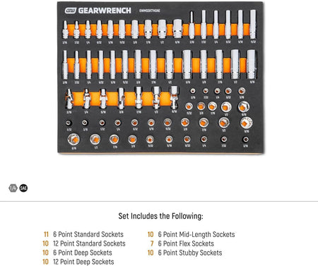 Top-down view of the socket set in the foam tray with specific focus on the 1/4 inch drive and SAE branding labels.