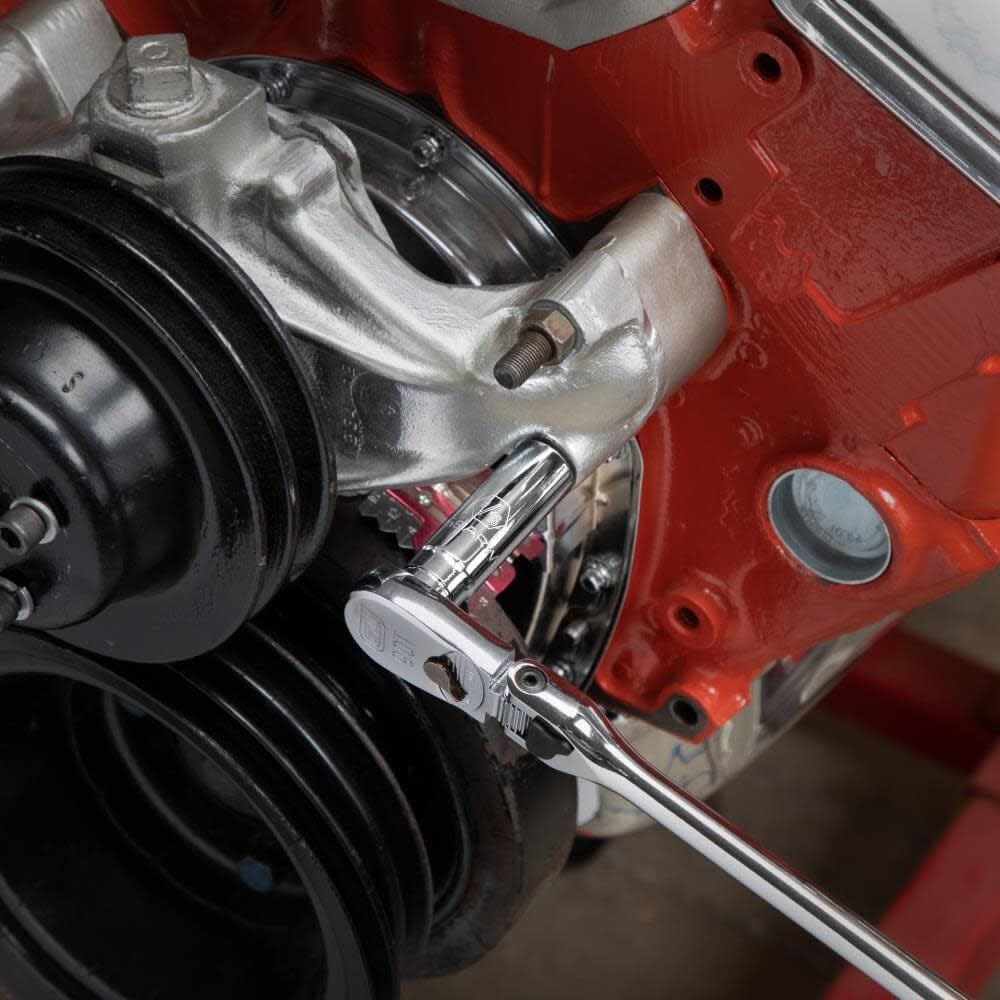 Angled side view of the GWMSSKT14SAE foam tray showing the organized layout of standard, deep, and flex sockets.