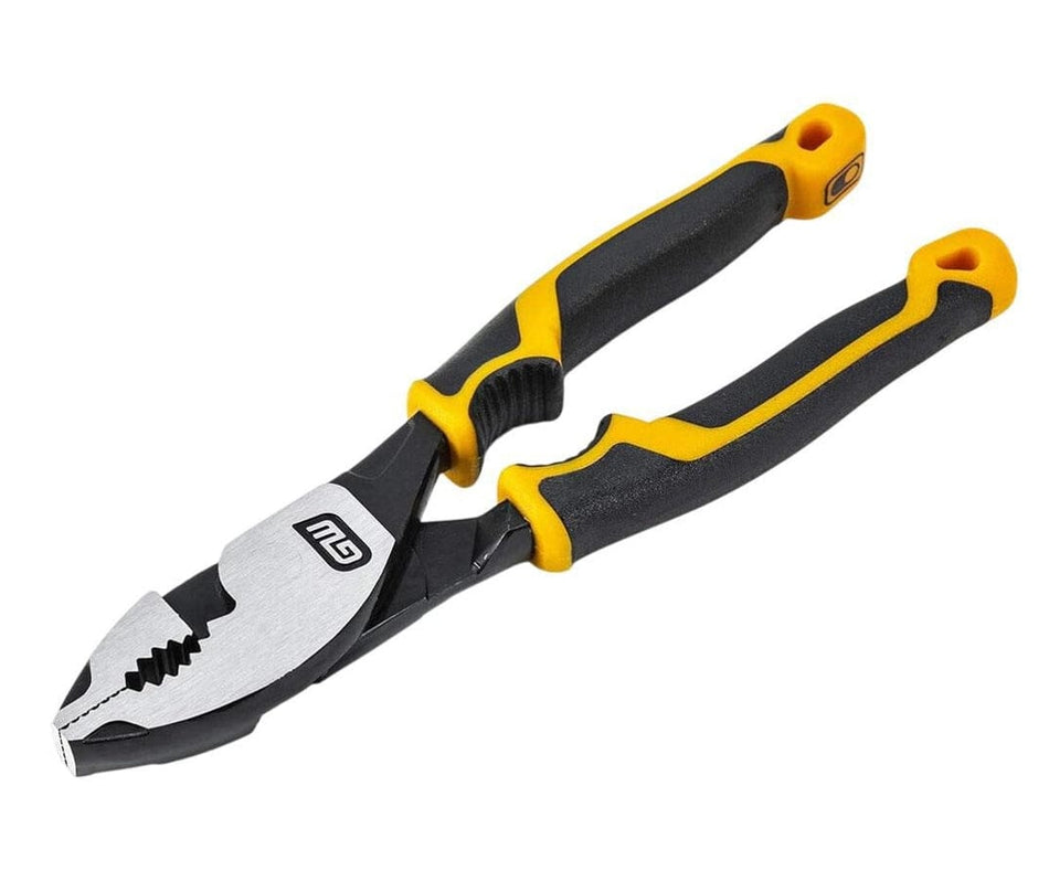 GearWrench slip joint pliers with black and yellow rubber-coated handles and metallic jaws featuring flat, serrated, and cutting surfaces for gripping and wire cutting