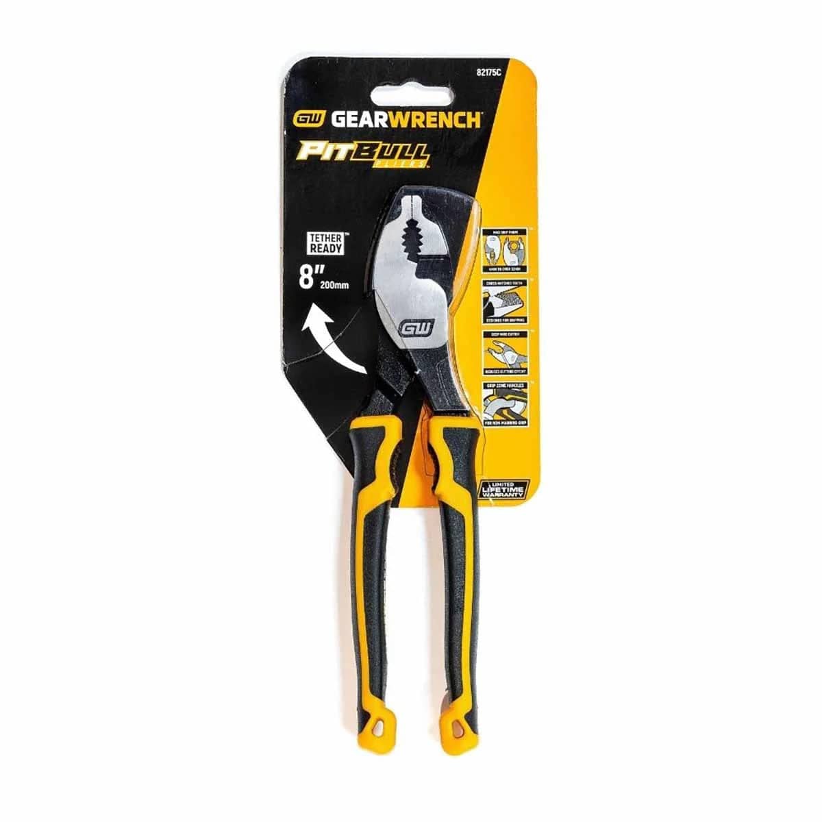 Packaged GearWrench PITBULL 6-inch slip joint pliers labeled "Tether Ready" with black and yellow handles; includes product number 82775C and limited lifetime warranty.