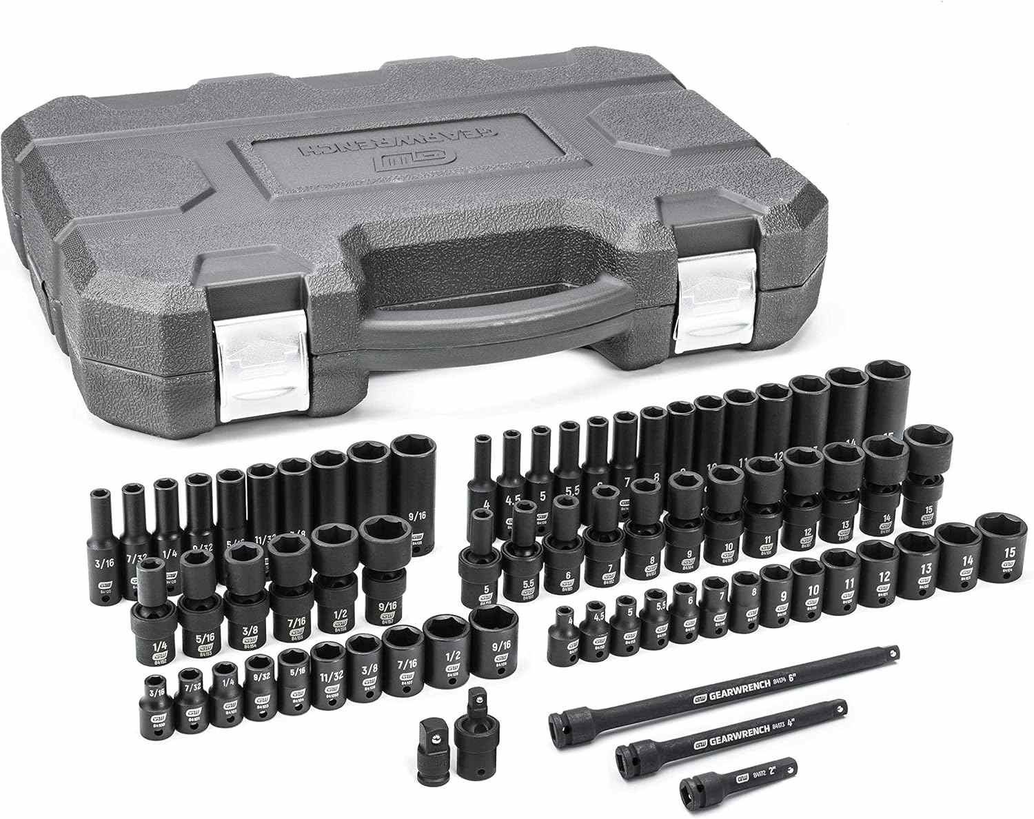 Studio shot of the GearWrench 71-piece impact socket set inside its grey blow mold storage case with all sockets and extensions organized.