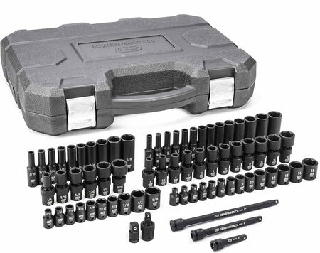 Studio shot of the GearWrench 71-piece impact socket set inside its grey blow mold storage case with all sockets and extensions organized.