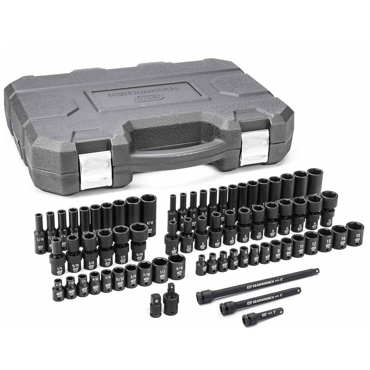 Studio shot of the GearWrench 71-piece impact socket set inside its grey blow mold storage case with all sockets and extensions organized.