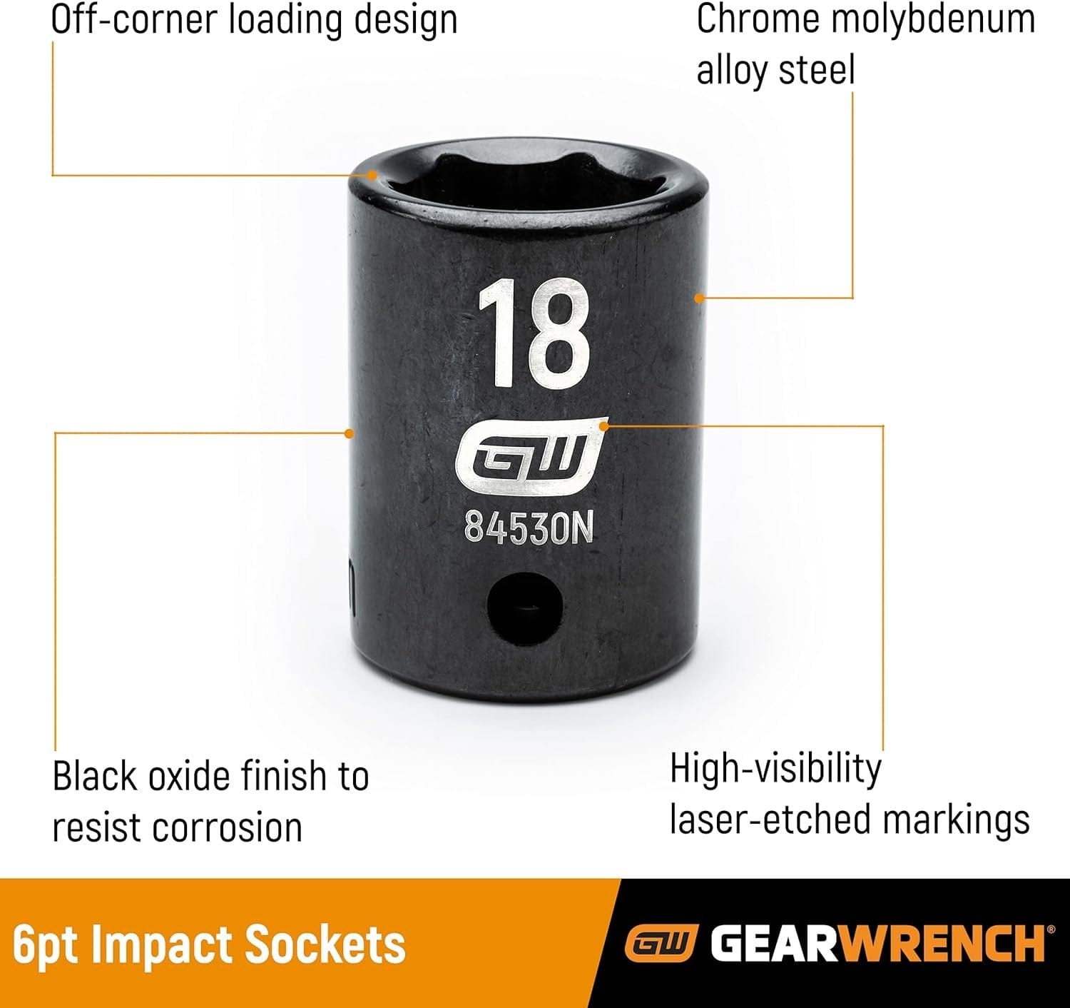 Close-up of a GearWrench 6-point impact socket labeled 18mm showing the black oxide finish, high-visibility laser-etched markings, and hard-stamped size.
